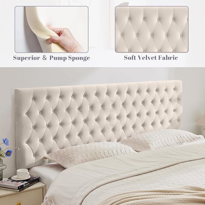Upholstered Queen Headboard Only, Premium Velvet Button Tufted Headboards, Adjustable Solid Wood Head Board, Padded Headboard with Solid Wood Legs in Bedroom (Beige)