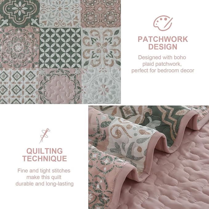Dobuyly Blush Quilt Set King Size, Boho Patchwork Plaid Bedspread Coverlet Set, 3 Pieces Soft Microfiber Farmhouse Quilt Bedding Set Lightweight Bed Cover for All Seasons 110"x90"
