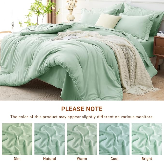 MUXHOMO 7 Pieces Queen Comforter Set, Soft Bed in a Bag Queen Size, All Season Bedding Set with Comforter, Flat Sheet, Fitted Sheet, Pillowcases & Shams, Sage Green