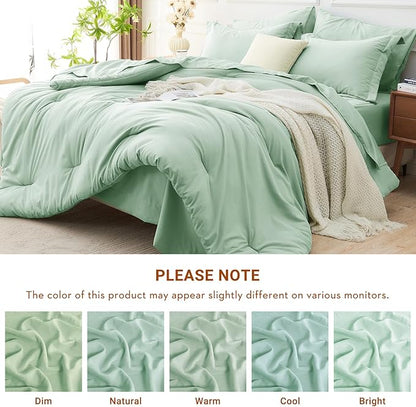 MUXHOMO 7 Pieces Full Comforter Set, Soft Bed in a Bag Full Size, All Season Bedding Set with Comforter, Flat Sheet, Fitted Sheet, Pillowcases & Shams, Sage Green