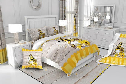 Erosebridal Bee Gnome Comforter Set Full, Sunflower Daisy Floral Bedding Set for Kids Boys Girls, Honeycomb Honey Can Duvet Set Home Room Decor, Yellow Farm Cartoon Soft Down Comforter 3 Pcs