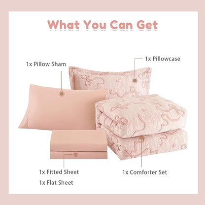Geniospin Orange Pink Twin Comforter Set for Girls- 5 Pieces Bowknot Jacquard Bed in A Bag Twin Bedding Sets with Sheets, Pillowcases & Shams, All Season Kids Comforter Set