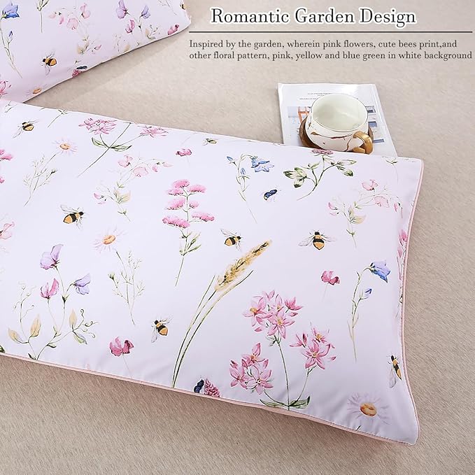 WINLIFE 100% Cotton Pillowcases Standard Size Pink Floral Bees Printed Pillow Cover 2 Pack, Super Soft Envelope Closure Pillow Case (Standard, 20"x26")