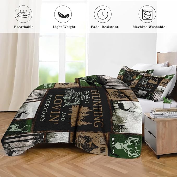 Quilt Set Full/Queen Size, Cabin Deer Animal Tree 3 Pcs Soft Bed Cover Bedding Set for Kids and Adults, Rustic Mountains Gray Lightweight Bedspread Coverlet with Pillow Sham for All Season