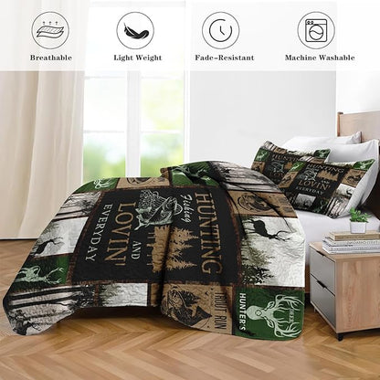 Quilt Set Twin Size, Cabin Deer Animal Tree 2 Pcs Soft Bed Cover Bedding Set for Kids and Adults, Rustic Mountains Gray Lightweight Bedspread Coverlet with Pillow Sham for All Season