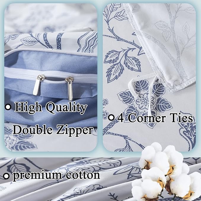 FADFAY Duvet Cover Set Full Floral Bedding Percale Cotton 600 TC Classical Toile Luxury Reversible Light Blue Shabby Vintage Farmhouse Bedding Minimalist Chic Comforter Cover Soft Breathable 3Pcs