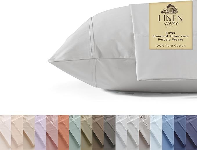 Linen Home 100% Cotton Percale Pillowcases Queen Size, Silver, 2 Pieces of Pillow Case, Crisp and Cool Strong Bed Linen, 20 inches X 30 inches