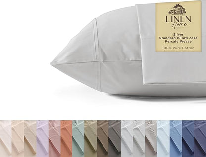 Linen Home 100% Cotton Percale Pillowcases Queen Size, Silver, 2 Pieces of Pillow Case, Crisp and Cool Strong Bed Linen, 20 inches X 30 inches
