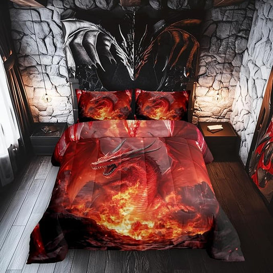 Castle Fairy Dragon Twin Size Comforter Set for All Seasons,Glowing Flame Dragon Bedding Set Teens Bedroom Decor,Wild Animals Cool Magical Style Comforter Inner Fill with 1 Pillowcase