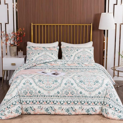 CLOTHKNOW Green White Floral Queen Comforter Set Botanical Bedding Comforter Sets Soft Boho Comforter Queen with 2 x Pillowcases