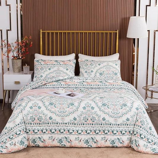 CLOTHKNOW Green White Floral Queen Comforter Set Botanical Bedding Comforter Sets Soft Boho Comforter Queen with 2 x Pillowcases