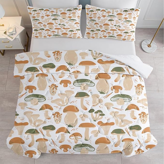 SOULZZZ Cute Mushroom Comforter Twin Size Natural Wild Plants Fungus Mushroom Bed Set Mushroom Comforter Setfor Room Decor 1 Comforter and 2 Pillow Shams,Transparent Mushroom