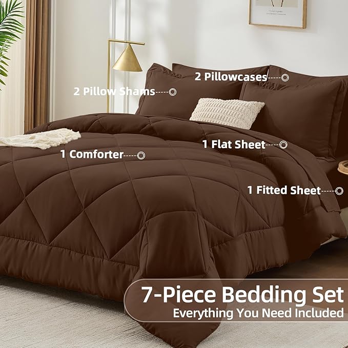 FUANNA 7 Pieces Full Size Comforter Sets, All Season Bedding Sets Full Size, Luxury Soft Bed in a Bag with Comforter, Flat Sheet, Fitted Sheet, Pillowcases & Pillow Shams, Dark Brown