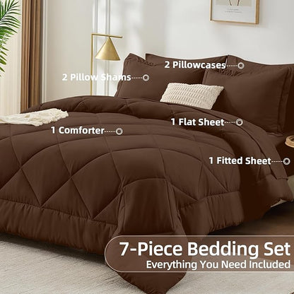 FUANNA 7 Pieces Full Size Comforter Sets, All Season Bedding Sets Full Size, Luxury Soft Bed in a Bag with Comforter, Flat Sheet, Fitted Sheet, Pillowcases & Pillow Shams, Dark Brown