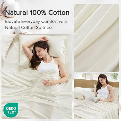 Comfort Spaces 100% Cotton Sheets Twin, Breathable, Soft Cotton Sheets, Naturally Cool Cotton Bed Sheets with 12" Elastic Pocket Fits up to 14" Mattress, All Season Sheet Set, Twin Ivory 3 Piece