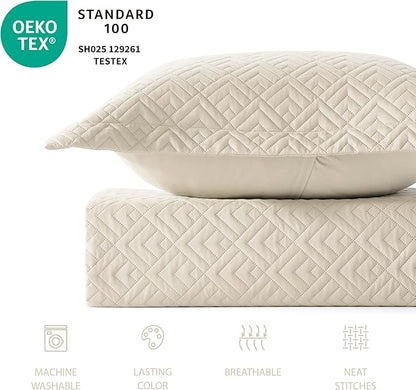 EXQ Home Quilt Set Full/Queen Size Beige 3 Piece,Lightweight Soft Coverlet Modern Style Squares Pattern Bedspread Set for All Season(1 Quilt,2 Pillow Shams)