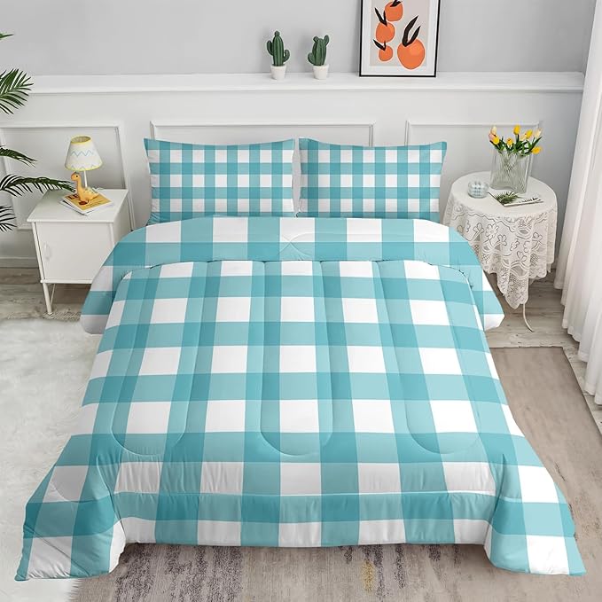 3Pcs Gingham Bedding for Girls,Geometric Patchwork Comforter Set for Boys Girls Kids,Teal Plaid Checkered Comforter for Kids,Full Size Vintage Farmhouse Bedding Set 1 Quilt 2 Pillowshams