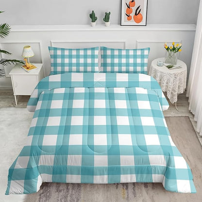 3Pcs Gingham Bedding for Girls,Geometric Patchwork Comforter Set for Boys Girls Kids,Teal Plaid Checkered Comforter for Kids,Full Size Vintage Farmhouse Bedding Set 1 Quilt 2 Pillowshams