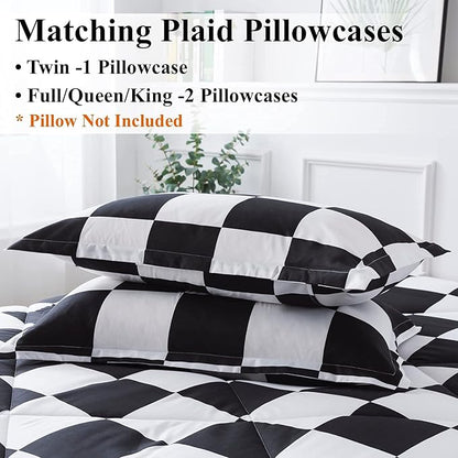 Andency Checkered Comforter Full(79x90Inch), Black White Plaid Gingham Bed Set for Teen Boys Kids, Lightweight Polyester Geometric Preppy Bedding, 3 Pieces