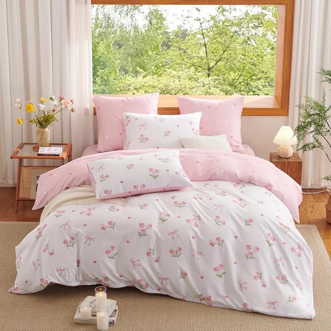 Floral Comforter Set Full Size - 3 Pieces Pink White Floral Tulips Bow Comforter Bedding Sets Reversible Pattern,Full Bed in a Bag with Flowers Comforter and 2 Pillowcases