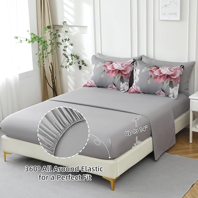 Dobuyly Pink and Grey Comforter Set King Size 7 Piece Bed in a Bag, Floral Printed on Gray Comforter Set with Sheets, Soft Microfiber Botanical Complete Bedding Set for All Season