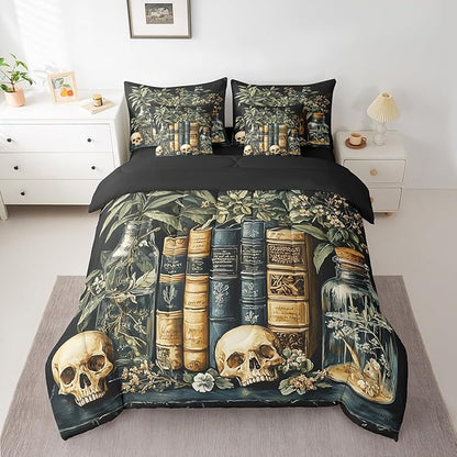 jejeloiu Dark Academia Bedding Set 7Pcs Full Size Kids Skull Mystical Comforter Set with Sheets for Boys Girls Goth Bed in a Bag Soft Lightweight,Microfiber