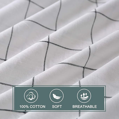JELLYMONI 100% Natural Cotton 3pcs Plaid Duvet Cover Sets,White with Black Grid Geometric Pattern Printed Comforter Cover,with Zipper Closure & Corner Ties(Queen Size)