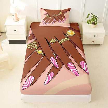 Erosebridal Romantic Makeup Themed Fitted Sheet Twin Size for Girls Fashion Girlish Bedding Set Black Girls Bed Sheets for Kids Teens Adult Women Bedroom Afro Vogue Princess Magical Sheets
