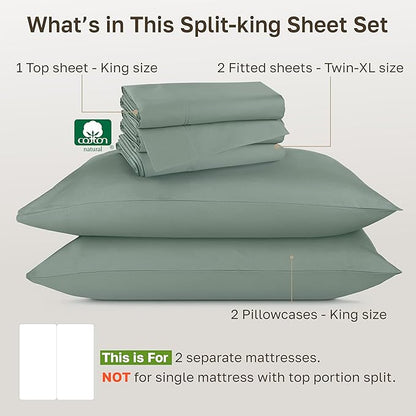 California Design Den King Split Sheets for Adjustable Bed Set - Luxury Hotel 800 Thread Count Sateen, Natural 100% Cotton Bedding Sheets & Pillowcases, Deep Pockets Bedding Set - Sage Green