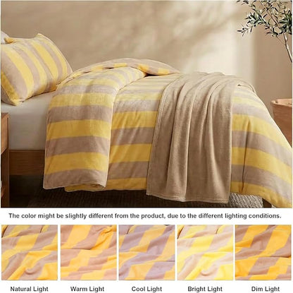 Bedbay Yellow Striped Comforter Set Queen Size Luxury Fleece Fluffy Queen Comforter Set Plush Flannel Bedding Yellow Stripes Pattern Bed Set Soft Warm Velvet Bedding Comforter for All Seasons