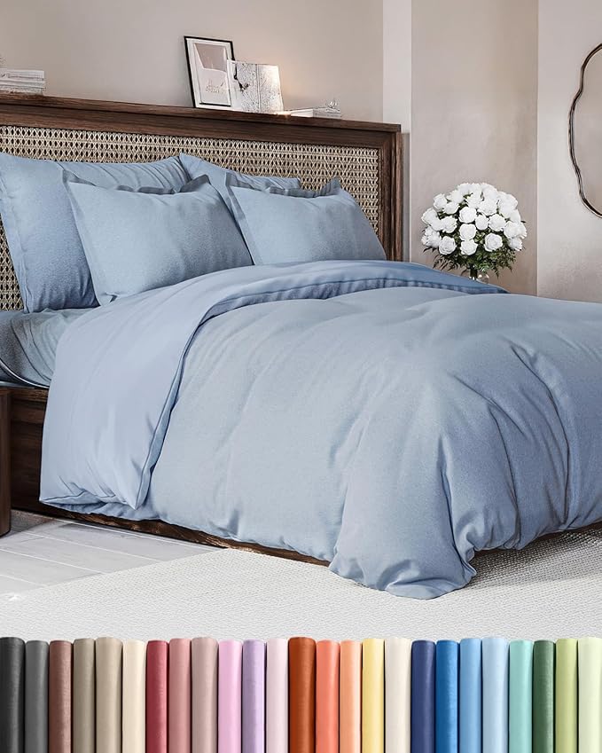 Duvet Cover King Size Set - Extra Soft King Duvet Cover 104" x 90" with 2 Pillow Shams - Hotel Luxury, Easy Care & Fade Free with Zipper Closures and Ties - Comfy, Cozy & Breathable (Heathered Blue)