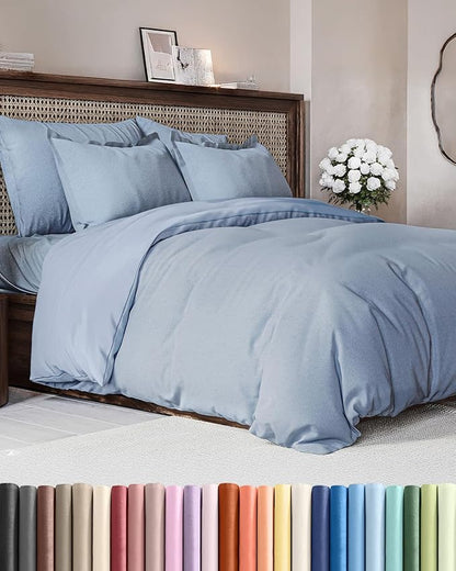 Duvet Cover King Size Set - Extra Soft King Duvet Cover 104" x 90" with 2 Pillow Shams - Hotel Luxury, Easy Care & Fade Free with Zipper Closures and Ties - Comfy, Cozy & Breathable (Heathered Blue)