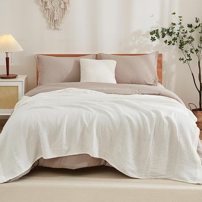 EMME Cotton Blanket King Size for Bed Soft Muslin Blankets 108"x90" Lightweight Breathable Layering Blanket Bedspread Coverlet All Season Gauze, White