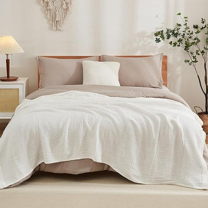 EMME Cotton Muslin King Blanket Big Oversized Bed Layering Bedspread Coverlet Breathable Gauze Soft Lightweight Blankets (White, 120"x94")