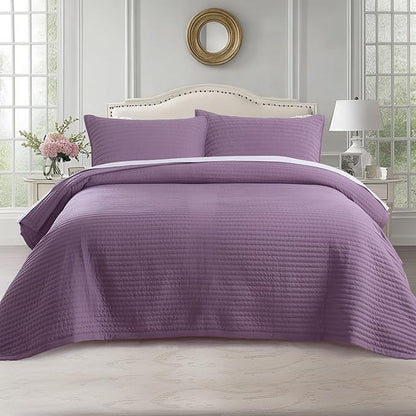 KASENTEX Oversized King Quilt Set 112"x106" – Soft Washed 3-Layer Lightweight California King Bedspread, Minimalist Nordic Design, All-Season Quilt Bedding (1 Quilt + 2 Pillow Shams),Grape Jam Purple