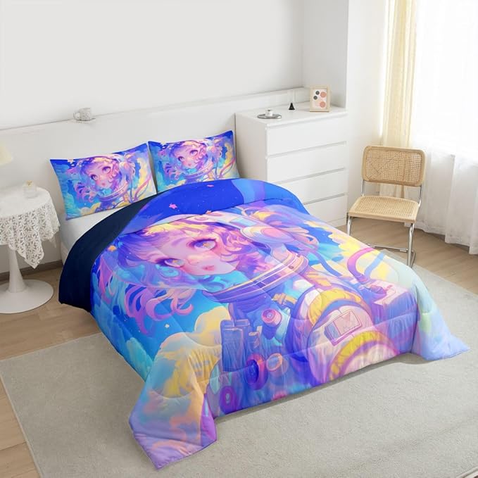 Erosebridal Watercolor Anime Girl Bedding, 3D Anime Comforter Set Cosmo Galaxy Sci-Fi Virtual Reality Full Bed Comforter Set for Boys Girls Graffti Stars Print Duvet Insert
