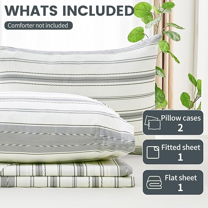 100% Linen Sheets Queen Size,Breathable & Durable 4-Piece Bed Flax Stripes Sheet Set,Soft All-Season Bedding for Hot Sleepers 16" Deep Pocket Oeko-TEX Certified,（Queen, Grey Stripes）
