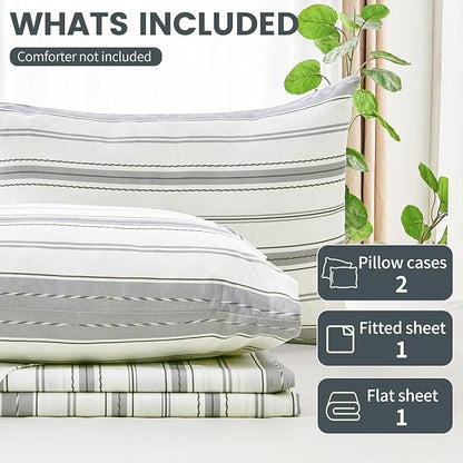 100% Linen Sheets Queen Size,Breathable & Durable 4-Piece Bed Flax Stripes Sheet Set,Soft All-Season Bedding for Hot Sleepers 16" Deep Pocket Oeko-TEX Certified,（Queen, Grey Stripes）