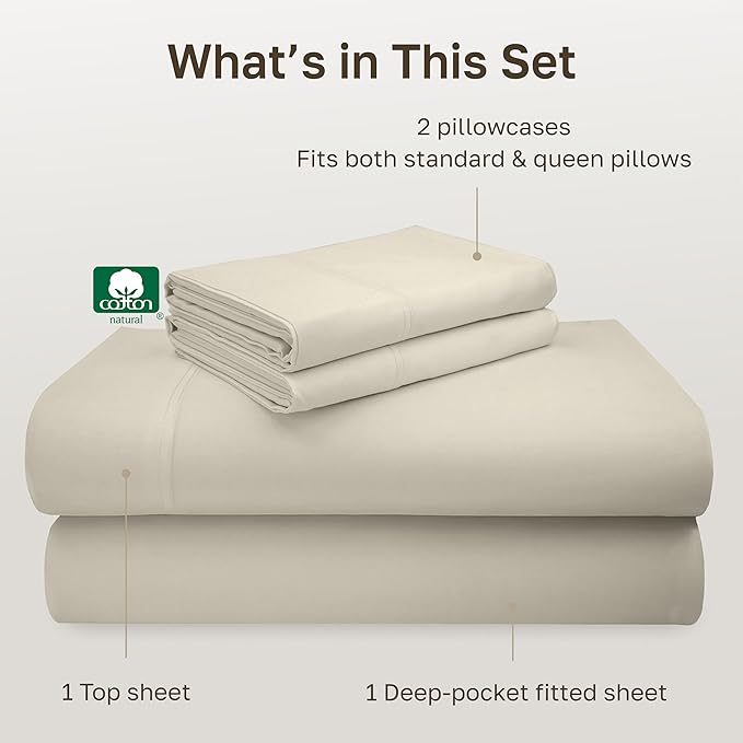 California Design Den - Luxury Full Size Sheet Set - 100% Cotton, 600 Thread Count Deep Pocket Full Size Bed Sheets, Sateen Weave - Ivory (Warm Cream)