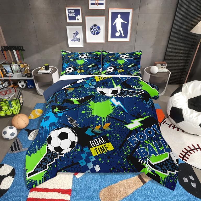Erosebridal Boys Soccer King Size Comforter Set for Kids Teens Adults,Lightning Football Bedding Set,Sports Ball Game Duvet Insert,Sports Lover Bed Set for All Season