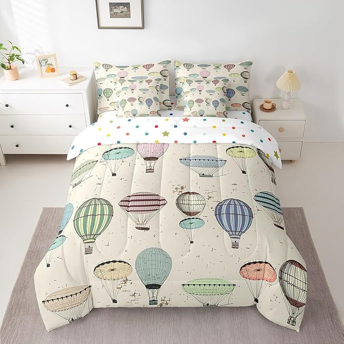 7 Pieces King Size Colorful Hot Air Balloon Comforter Set,Modern Sketch Bedding Set for Kids Room Decor,Retro Geometric Lines (Comforter+Fitted+Flat Sheet+2 Pillowcases+2 Throw Pillow Covers）