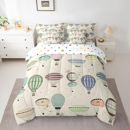7 Pieces King Size Colorful Hot Air Balloon Comforter Set,Modern Sketch Bedding Set for Kids Room Decor,Retro Geometric Lines (Comforter+Fitted+Flat Sheet+2 Pillowcases+2 Throw Pillow Covers）