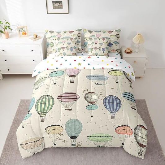 7 Pieces King Size Colorful Hot Air Balloon Comforter Set,Modern Sketch Bedding Set for Kids Room Decor,Retro Geometric Lines (Comforter+Fitted+Flat Sheet+2 Pillowcases+2 Throw Pillow Covers）