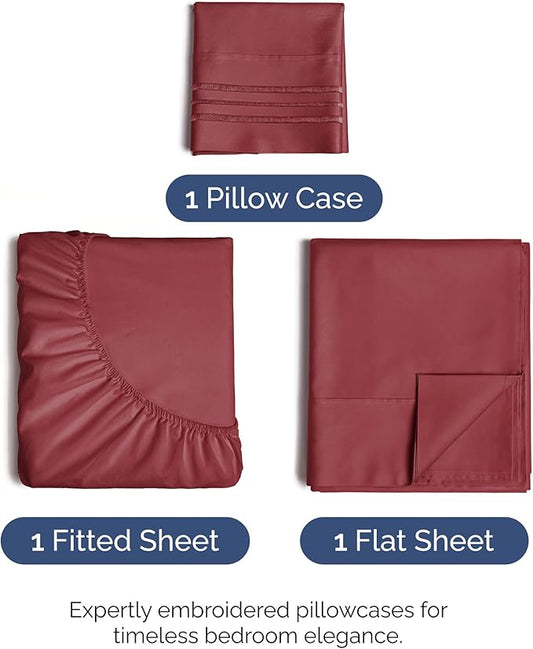 Twin XL Size 3 Piece Sheet Set - Comfy Breathable & Cooling Bed Sheets Set - Hotel Luxury Bedding for Women, Men, Kids, Teens, Boys & Girls - Deep Pockets, Soft and Wrinkle Free - Oeko-Tex - Burgundy
