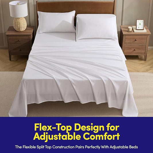 Split Head King Sheets Set for Adjustable Beds 4 Piece Flex Top Bed Sheets – Deep Pocket Split Top Fitted Sheet with Built-in Corner Straps, Luxury Soft Cooling Bedding, Wrinkle Resistant, White