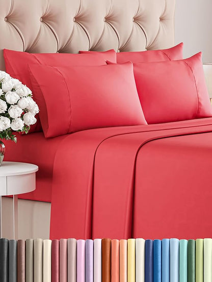 King 6 Piece Sheet Set - Comfy Breathable & Cooling - Ultra Soft Hotel Luxury Bedding Set with 8-16 Inch Deep Pockets - 1 Flat & 1 Fitted Sheet & 4 Pillowcases - Cozy, Wrinkle Free & Easy Care - Red