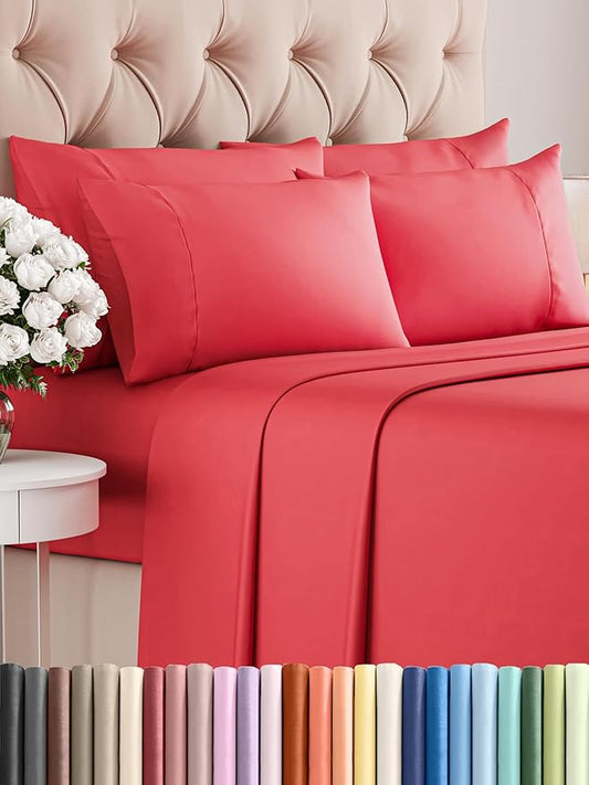 King 6 Piece Sheet Set - Comfy Breathable & Cooling - Ultra Soft Hotel Luxury Bedding Set with 8-16 Inch Deep Pockets - 1 Flat & 1 Fitted Sheet & 4 Pillowcases - Cozy, Wrinkle Free & Easy Care - Red