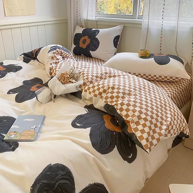 Houseri Black Floral Comforter Set Queen 3D Sunflower Beige White and Black Kawaii Bedding Comforter Queen Size Women Teen Girls Dorm Bedding Soft Flowers Bed Comforter Black Brown Plaid Quilts Queen