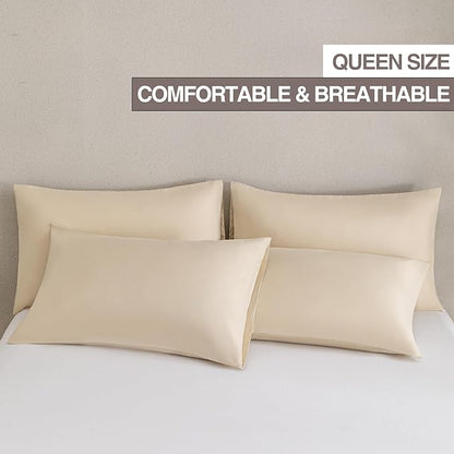 MINIPANDA Beige Pillow Cases Set of 4 Queen Size - Super Soft, Smooth and Breathable Pillow Cases Queen- Envelope Design - Machine Washable Lightweight (20X30 Inches (4 Piece))