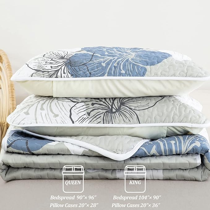 DJY 3 Pieces Quilt Set Queen Floral Pattern Coverlet Elegant Boho Bedspread with 2 Pillow Shams Lightweight Microfiber Bedding All Season (Blue, 90"x96")